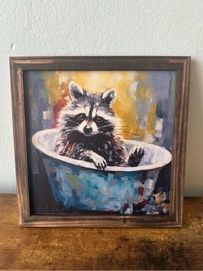 Framed Wooden Raccoon in Bathtub Wall Decor Art Blue & Yellow Accents 8x8”